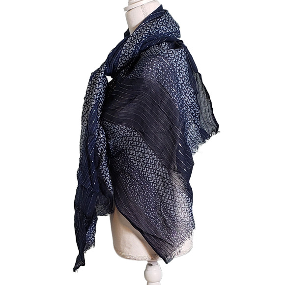 Serenity in Stripes: Blue and White Scarf with Silver Pinstriping - Picture 2 of 3